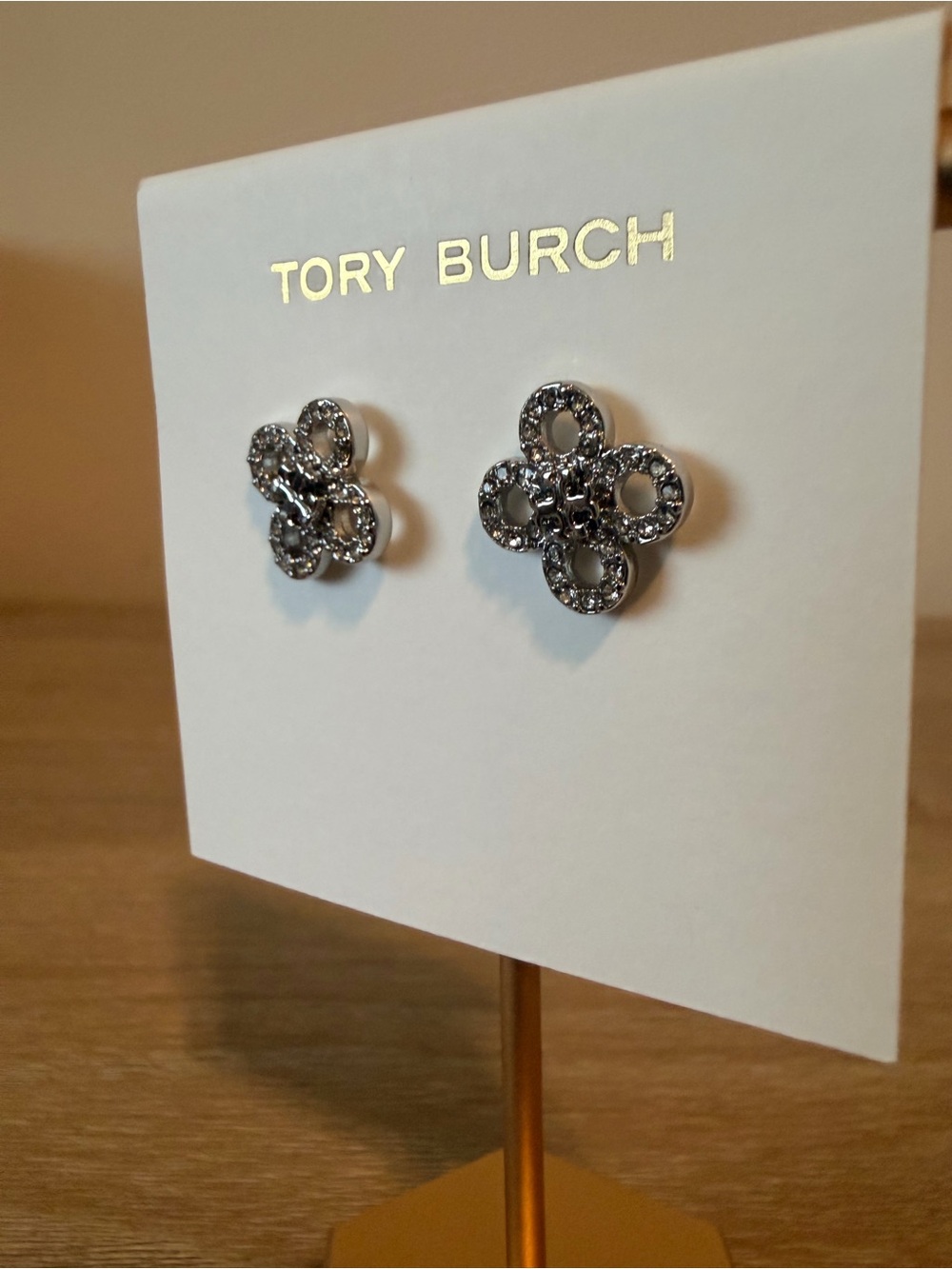 Tory Burch Gunmetal Floral Pavé Stud Earrings Logo Stud Earrings Silver Tone NWT - Picture 2 of 6